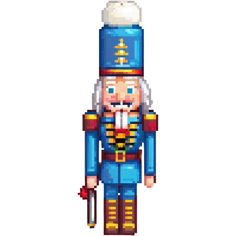 profile picture of a nutcracker toy, minimalist human form, almost pixel art style, white hair, visible teeth, classic nutcracker hat emoji