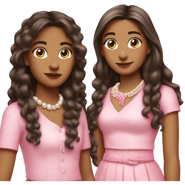 two teenage Latina best friends wearing pink. Long hair. Pink bows. Pearls. Light pink. Diamonds outfits emoji