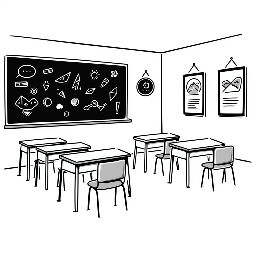 a classroom with desks, chalkboard, and educational posters emoji