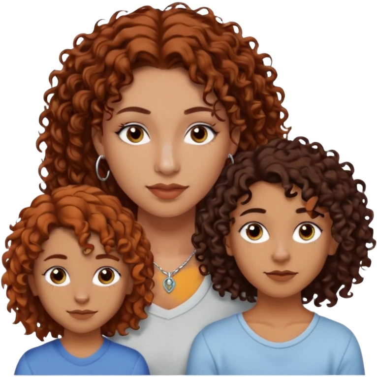 Create a family. A young hot mom. She is an alt girly with dark curly hair, an eyebrow piercing, and a nose ring. Her two teenage kids are gay girlies. One has shoulder length auburn hair and has an eyebrow ring. The other has short bleached curly hair, bleached eyebrows and a lip ring emoji
