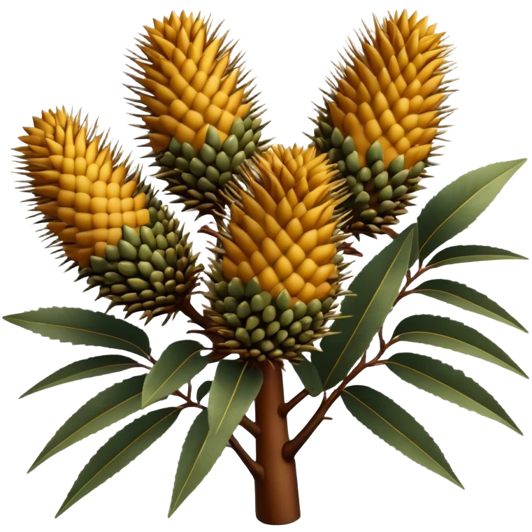 Cinematic Realistic Banksia Emoji, Bold and striking, with spiky, cylindrical flower heads covered in rich golden hues. The leaves are thick and leathery, adding a sense of strength to this unique and iconic tree. Soft glowing outline, capturing the essence of Australian ruggedness and floral beauty in a distinctive banksia tree! emoji