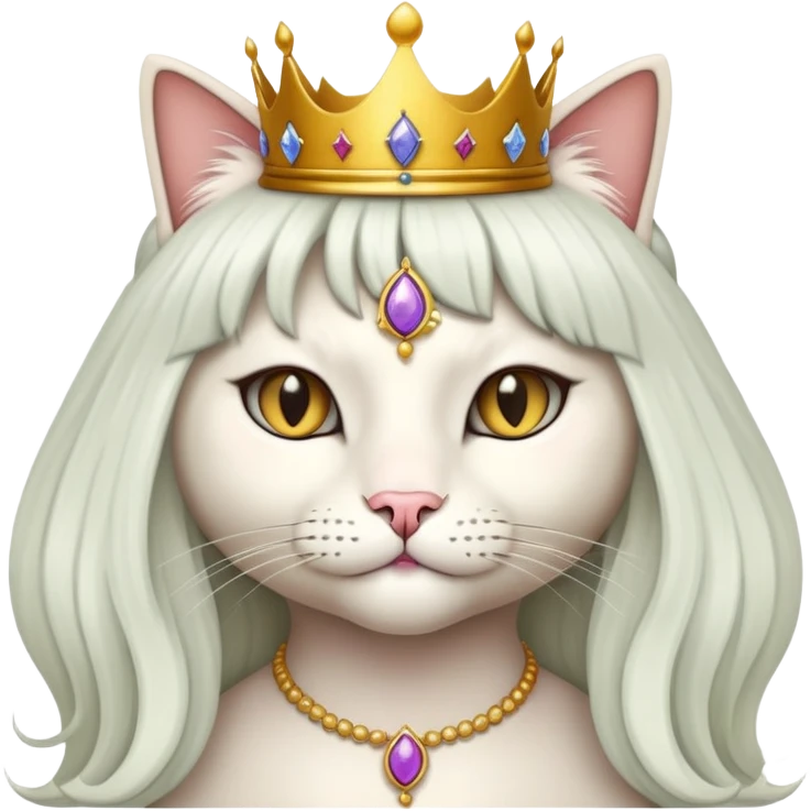 cat dressed like a beautiful queen with a long pretty black wig emoji