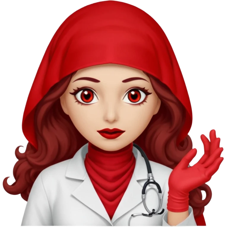 Lilith scalpel in hand, evil surgeon sexy surgeon clothes.  She has red eyes. She has dark brown long curly hair. Wears sexy doctor outfit with red gloves. Covers mouth neck and nose with red burka to hide her identity emoji
