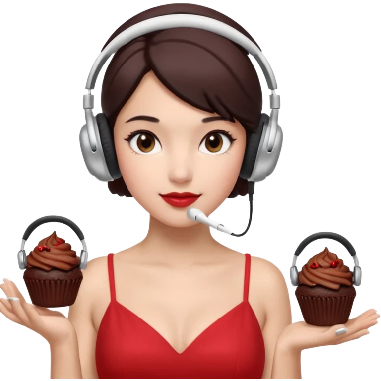 4–5 women at a listening party with a red and silver dress code. One holds a dark chocolate cupcake. Two wear over-ear headphones like AirPods Max. Indoor event lighting, modern and metallic vibe. emoji