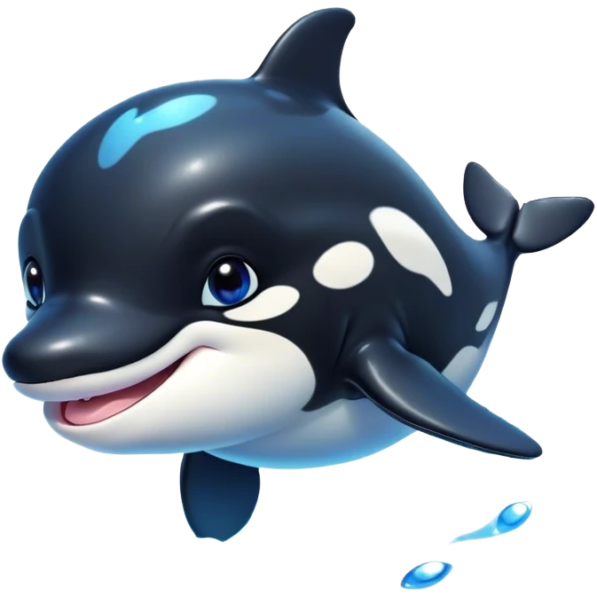 Cinematic Cute orca Portrait Emoji, Head tilted playfully and inquisitively, featuring a smoothly rounded body with bright, sparkling eyes and an adorable, friendly smile, Simplified yet irresistibly adorable features, highly detailed, glowing with a warm, ocean-blue glow, high shine, affectionate and lively, stylized with a touch of whimsical aquatic charm, soft glowing outline, capturing the essence of a mischievous yet endearing orca that seems as if it could leap right into your heart! emoji