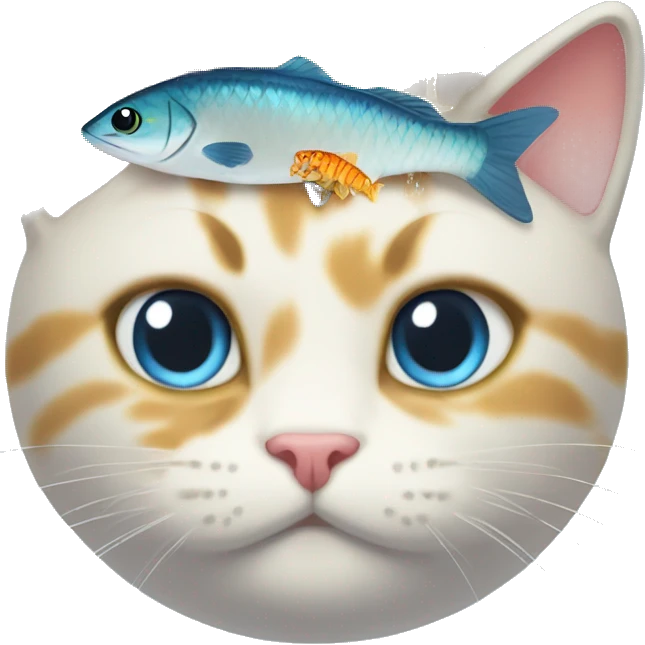 Cat with a big halo made of water and filled with fish on his head. emoji