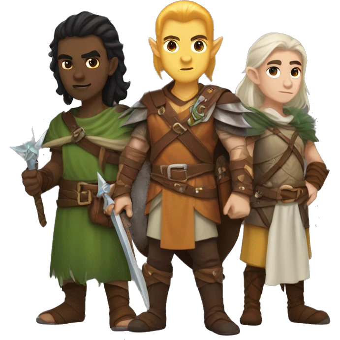 A dungeons and dragons team consisting of a Barbarian half elf, a half elf wizard, and a Druid half elf emoji