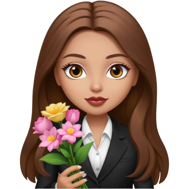 corporate pretty bratz baddie, long brown hair holding flowers emoji