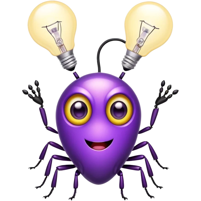 cute purple optiwatt bug with lightbulb antenna, big eyes, and a fun expression emoji