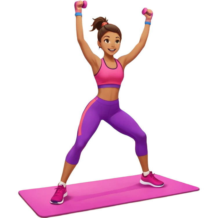An energetic person performing an aerobics workout in a brightly lit gym, jumping and stretching with enthusiasm. The scene includes vibrant fitness equipment like dumbbells and exercise mats, with a background of cheerful, motivating colors, conveying energy and movement. emoji