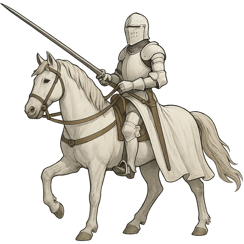 a white knight on a white horse, holding a lance, medieval, clean background emoji
