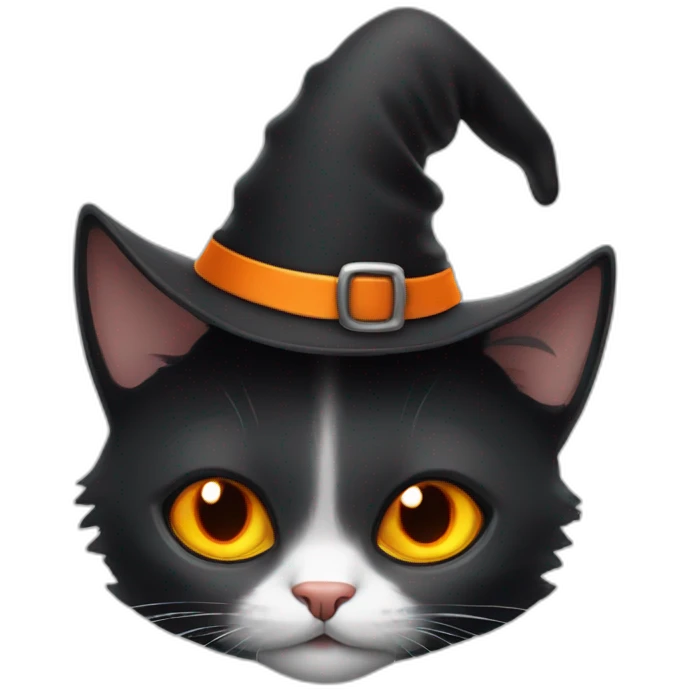 Black-white cat with orange eyes in Halloween hat emoji