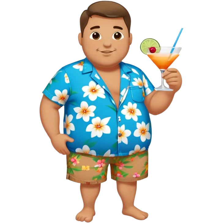 chubby guy full figure in a flowered azure havai shirt, brown shorts and flippers holding a cocktail emoji