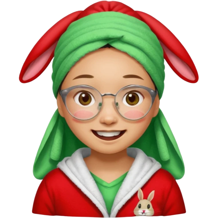 Asian woman wearing a green towel in her head with a broken glasses on her face in red pajamas her smile with rabbit front teeth and the cloth should be red emoji