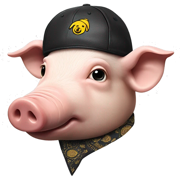 Pig head with black leather Muir cap yellow paisley bandana around neck emoji