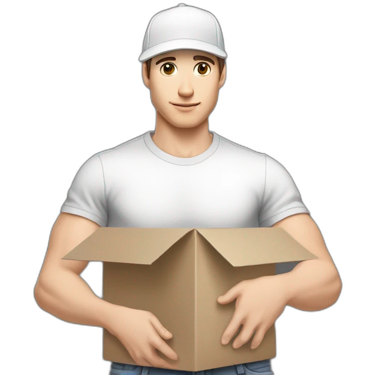 Pale skinned fit Man with dark brown hair in a white cap, gray jeans and gray polo T-shirt keeping a pasted with tape white box into his hands emoji