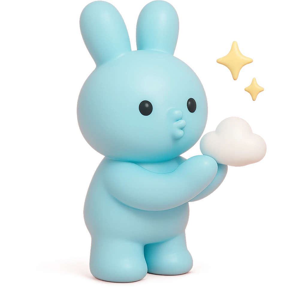 pastel blue bunny with cloud, blowing a kiss with sparkles, vinyl figure style emoji
