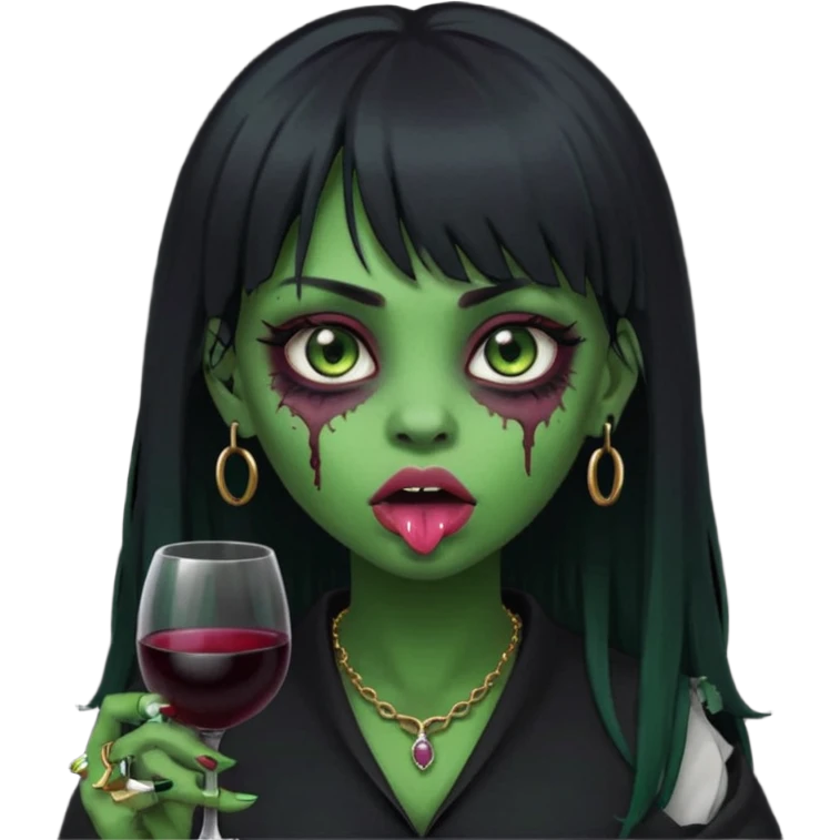 uma garota ZUMBI (cor de pele verde), com piercing na boca e no nariz, com olhos vinhos, cabelos pretos e com franja, e roupa preta emoji