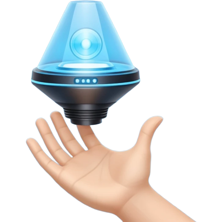 Flat emoji of a wrist-mounted hologram projector emitting a soft blue light cone, simple shapes, modern sci-fi style emoji