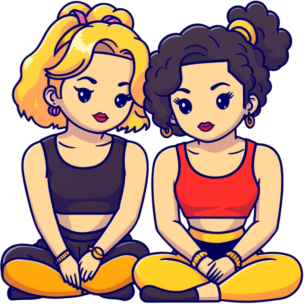 Full body of two teenage girls sitting together, one white with straight blonde hair and one brown-skinned with curly black hair, both with heavy makeup, big lips, crop tops, gold jewelry and flashy choni style outfits emoji