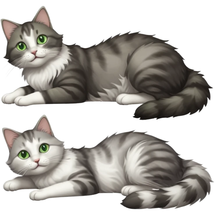 grey and white cat with green eyes doing a big extremely long stretch reaching up into the air with arms and legs side by side together straight and overextended whilst lying on its side emoji