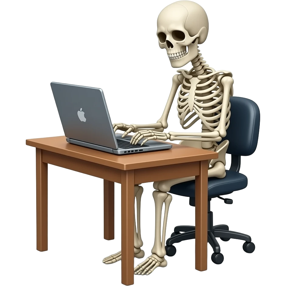 A skeleton sitting at the desk with a laptop, looking exhausted, waist and up view, save real-life proportions emoji