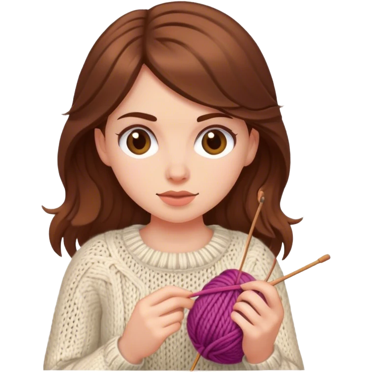 White girl, brown hair, knitting  emoji