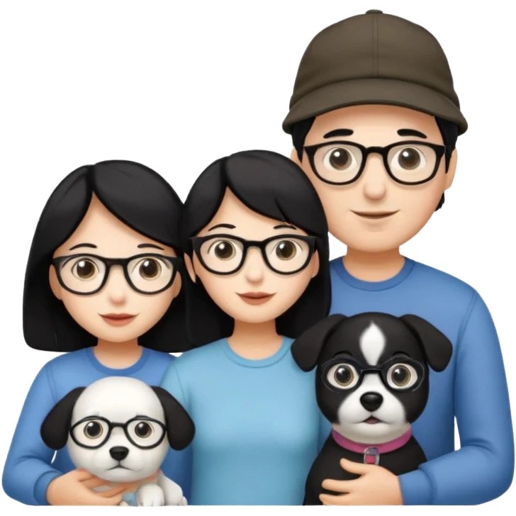 Mom black hair with glasses, Dad black hair with cap, Daughter black hair with glasses, white Dog emoji