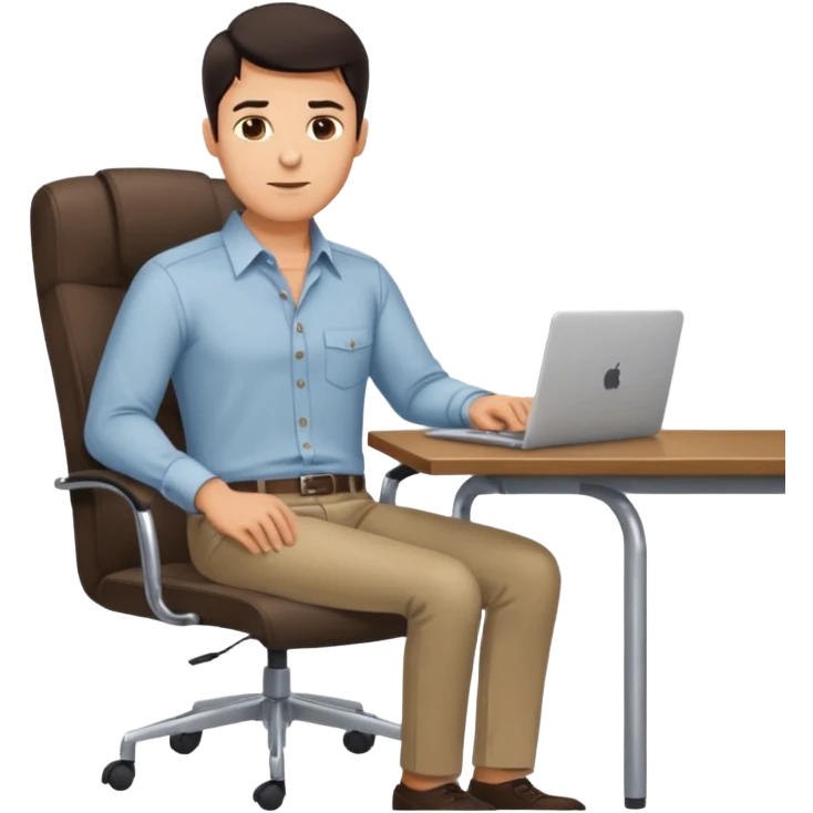 Rich man working on a chair at office in shirt, dark hair, and near the desk with laptop he is german very beautiful looks like, full body view emoji