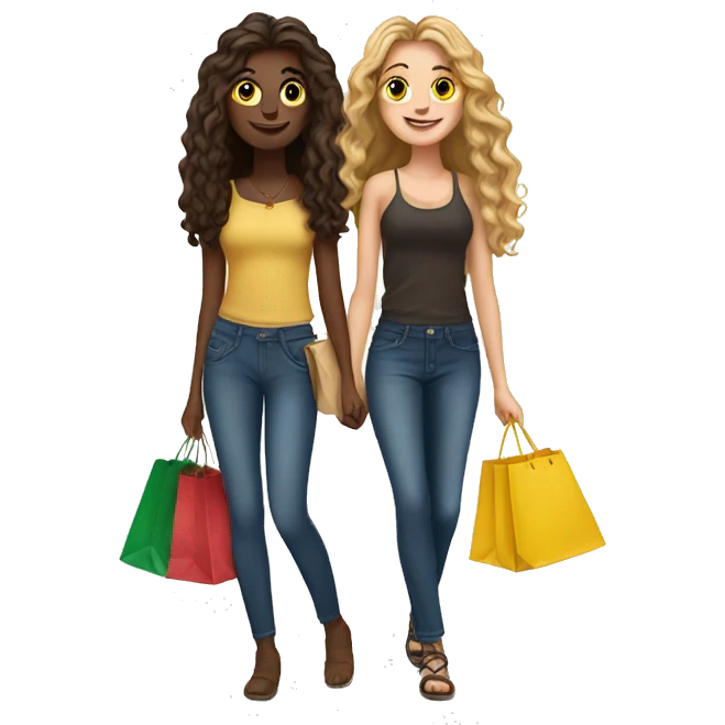 Two Italian best friends with long hair shopping together with bags   emoji