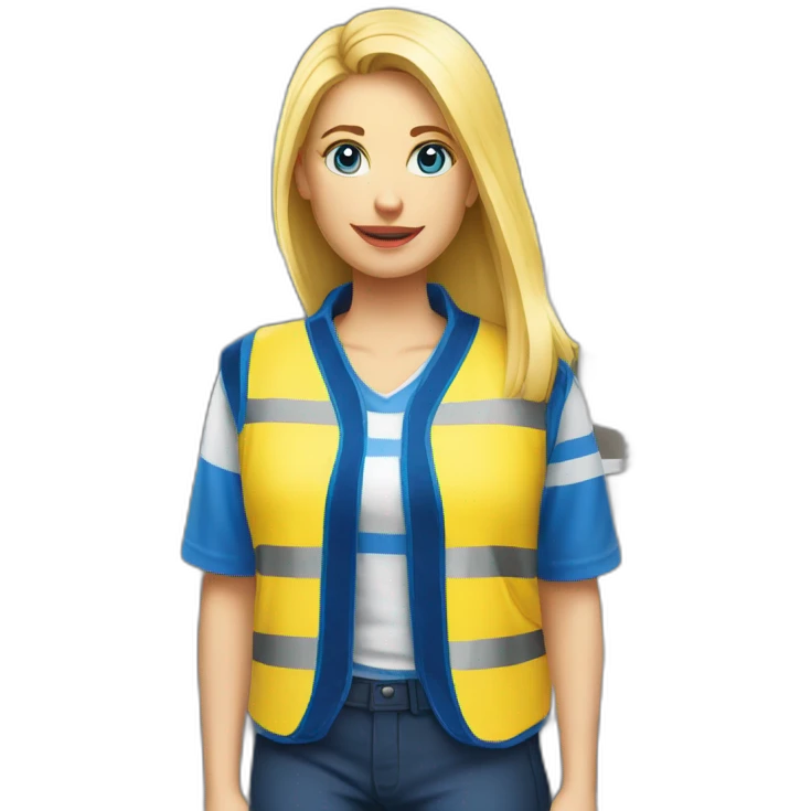 Ikea coworker blue eyes blond woman blue stripes t-shirt and yellow security vest emoji