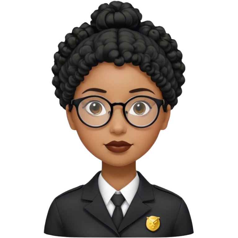 femme pilote d'avion en uniforme noir aux cheveux bouclés noir et petites lunettes arrondis identique avec des cheveux très long et la peau noir mais légèrement plus claire avec les cheveux attachés. 1 seule personne, cheveux moins épais  emoji