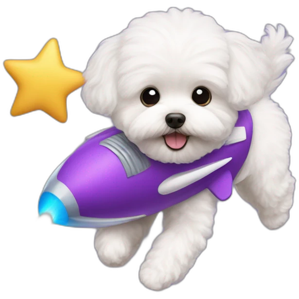 a white maltipoo flying with a purple rocket emoji