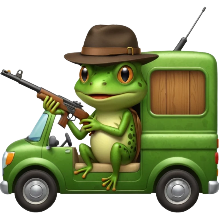 Frog with gun in back seat of moving van emoji