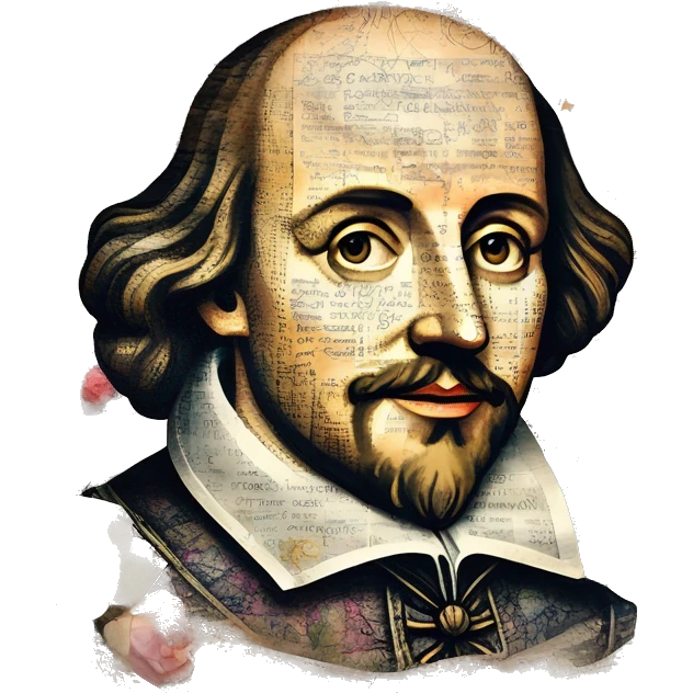 Shakespeare made of newspaper cuttings wearing flowers, stained glass, fairy lights, bokeh, annotated sketch, handwritten letters, collage of intricate patterns, lantern, bokeh, blur emoji