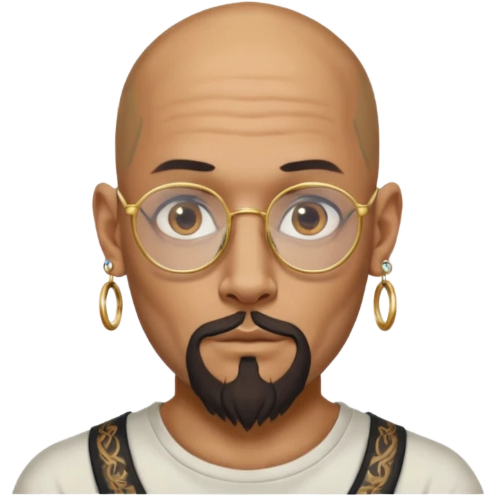 bald man with long goat beard and parti glasses and big gold ring earring and face tattoed emoji
