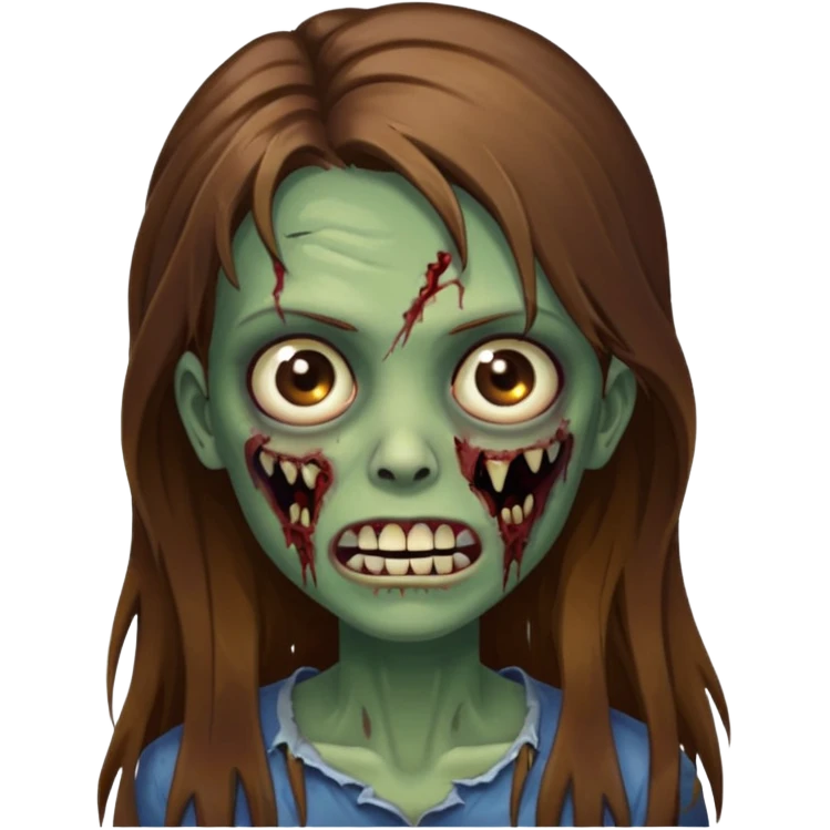 Girl zombie with brown long hair with teeth and serious face IOS style emoji