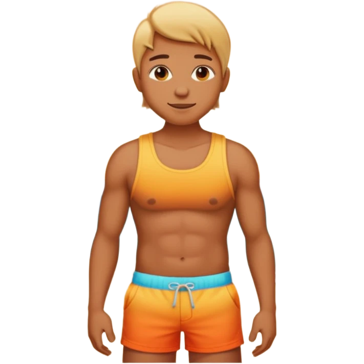 Emoji-style person in beach shorts with sunburned shoulders and chest, tank top outline for a sunburn, cute rounded features, soft shading, vibrant colors emoji