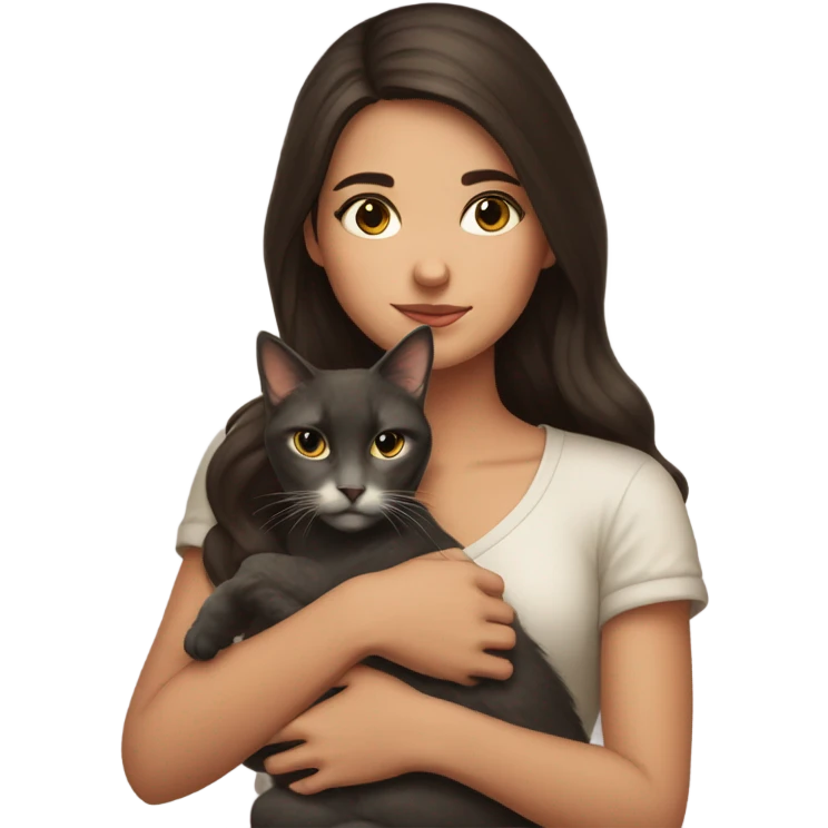 portrait of a beautiful brunette girl holding a cat emoji