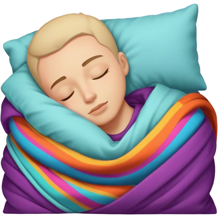 A sleeping person with a colorful pillow and cozy blanket emoji