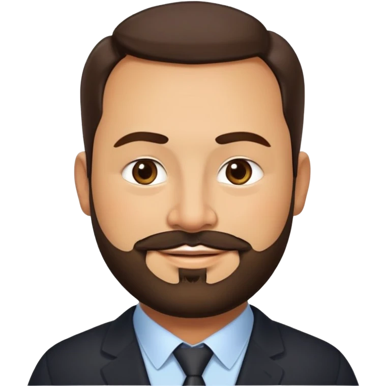 Very stocky businessman in his 40s with light brown skin, pear-shaped face, full cheeks, warm friendly smile, kind welcoming eyes, thick eyebrows, wide nose, short full beard, short dark hair, wearing a black button-up shirt emoji