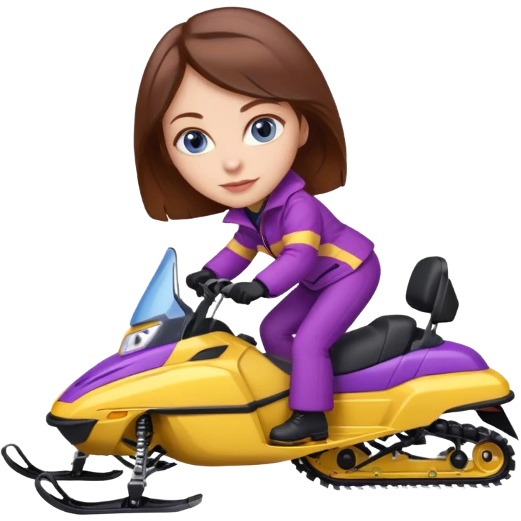 Brown hair, very blue eyes, Woman wearing red coat  on purple and yellow striped snowmobile emoji