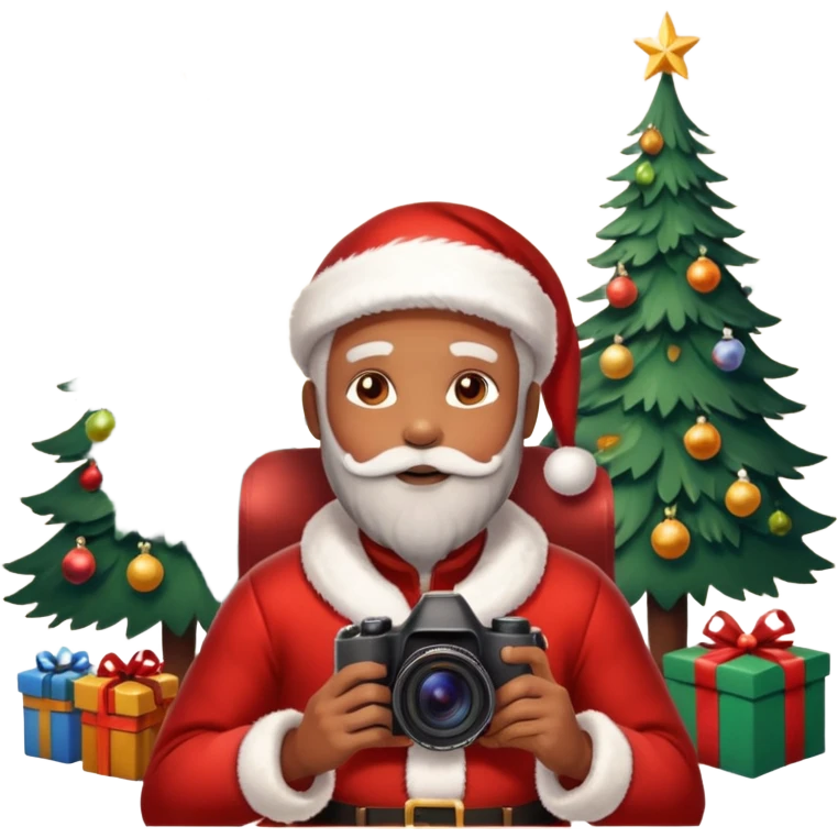 Homme photographe noir, week-end détente, équipé d’un appareil photo pro. Dans un décor Noël chaleureux, Père Noël à côté, sapin illuminé, lumières douces.  Ambiance festive, réaliste, couleurs nettes emoji