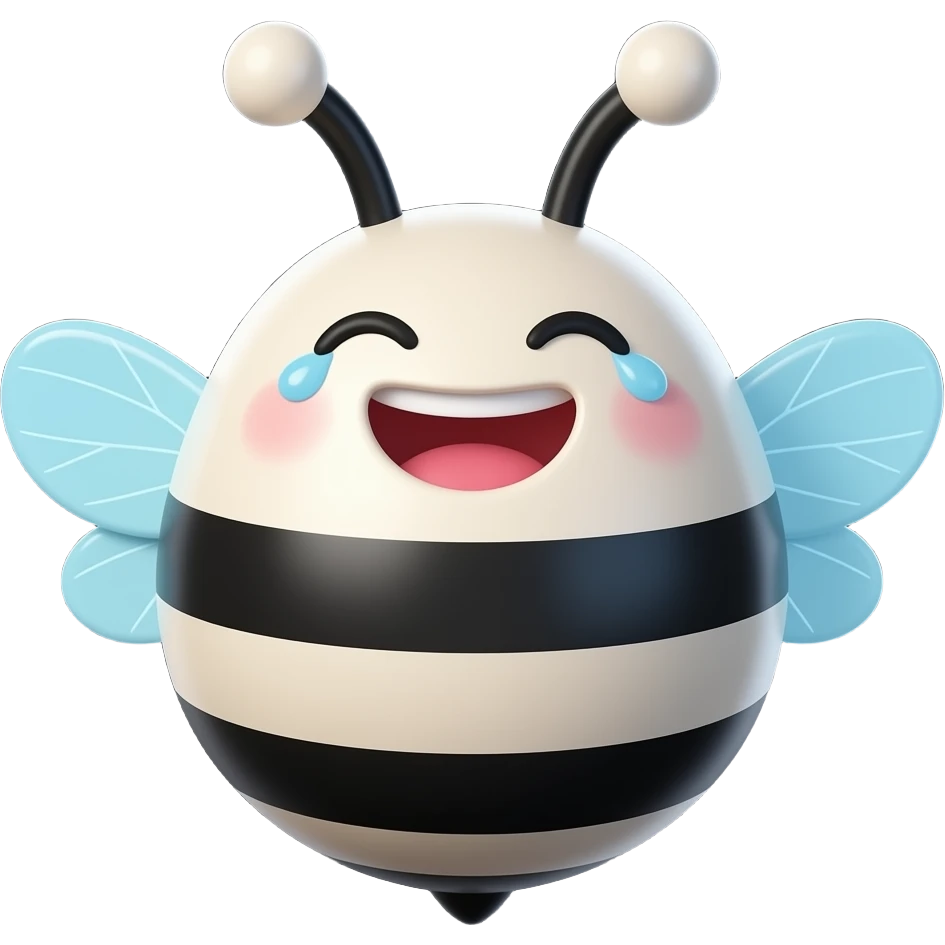 3D cartoon bee emoji, rounded chubby body, black and white stripes, eyes closed laughing, tears of joy, big open smile, light blue transparent wings, black antennae with white round tips, smooth shiny surface, black background emoji