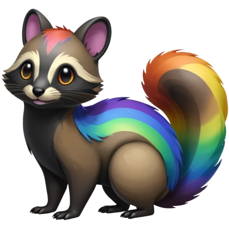 Colorful onyx-obsidian-pitch-black and rainbow-iridescent Cacomistle-Bunnelby-Numbat-Ferret-hybrid-fusion-animal-creature, full body  emoji