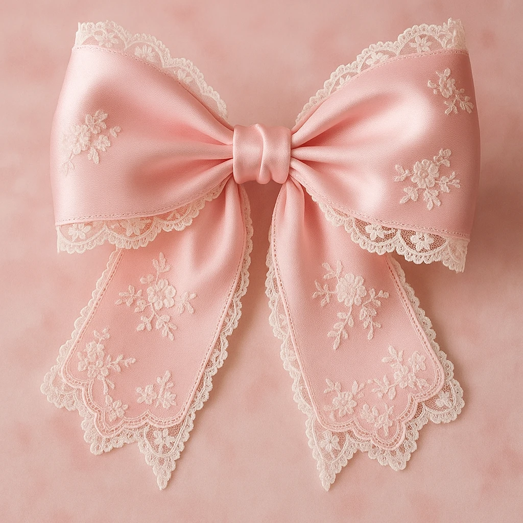 coquette style pink bow, lace accents, romantic and cute emoji
