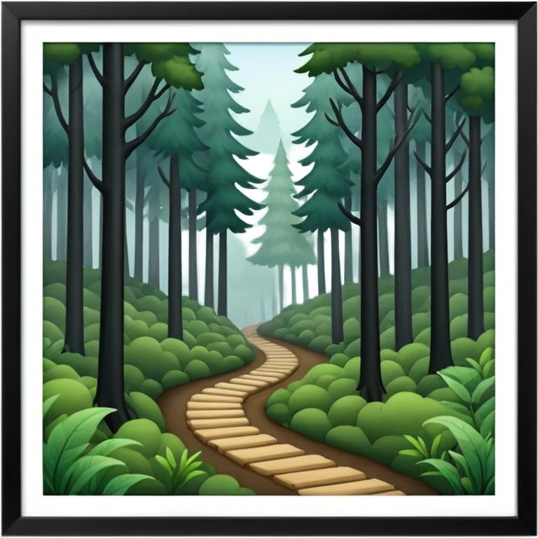 a forest with a path directing into foggy dark place emoji