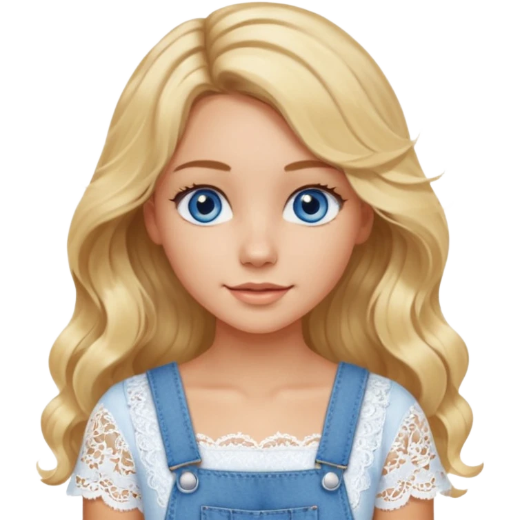 create an emoji of a young woman, very long blonde wavy hair mid-part, blue eyes, tanned skin, a gentle look. she wears a very white short sleeve lacy top and an overall emoji