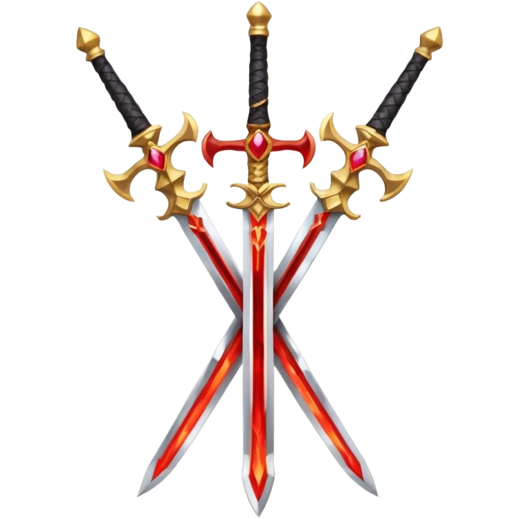 Two crossed swords that are golden in blade and handle and have fiery and royal appearence to them as well as red gem stones emoji