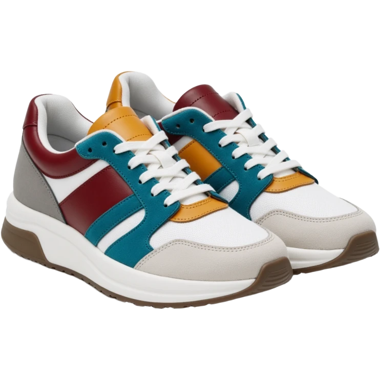 A pair of luxury designer sneakers in a studio product photo. The sneakers have a modern, sporty look with multiple leather panels. The main body is white leather with accents in teal blue, burgundy red, mustard yellow, and grey. The shoe features white laces emoji